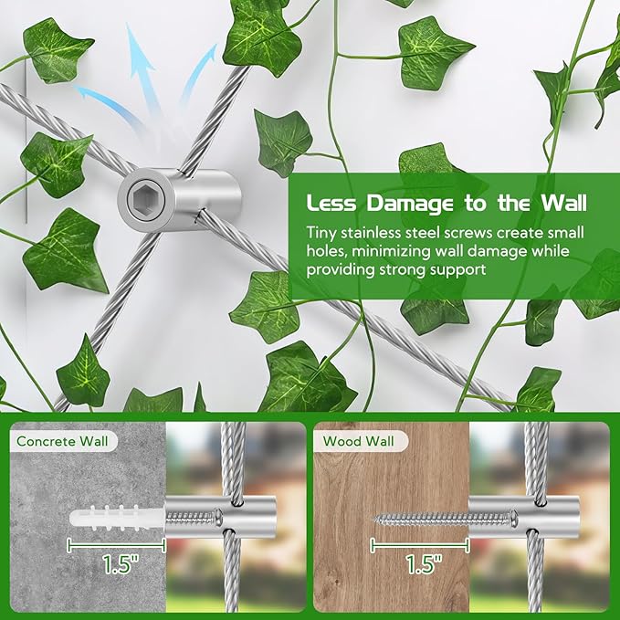 PLANTOP Wire Trellis for Climbing Plants Outdoor, 20 Set Wall Trellis Kit with 1/8" x 164ft Stainless Steel Cable, T316 Cylindrical Espalier System Cable Trellis Kit for Green Wall Fence DIY Projects