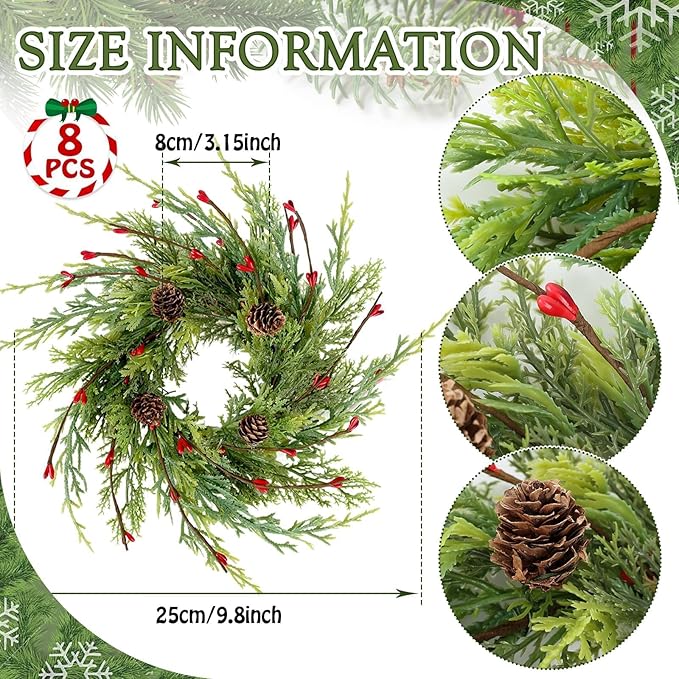 8 Pcs Artificial Christmas Candle Rings 9 Inch Cedar Pine Garland Wreaths with Red Berries Pinecones Wreaths Pine Needles Candle Ring Holder for Christmas Winter Decorations Table Centerpiece