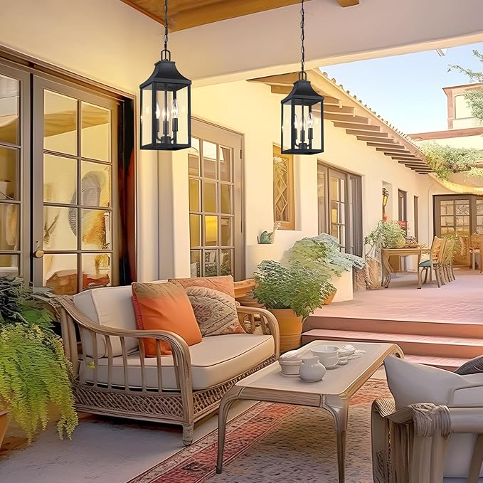 15'' Large Outdoor Pendant Light Fixtures 3-Light, Exterior Hanging Lantern Porch Light Adjustable, Black Hanging Lamp Farmhouse Exterior Chandelier Ceiling Mount for Entrance Patio