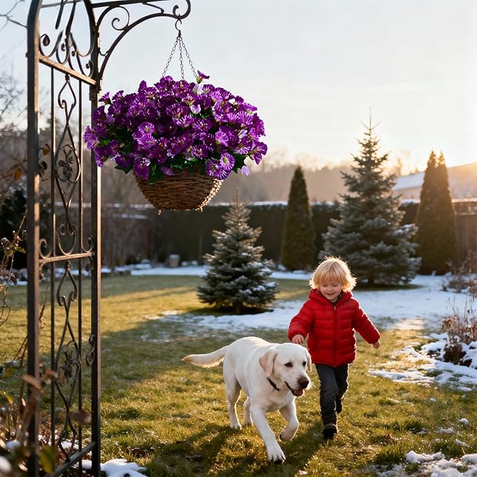 Artificial Morning Glory Flowers Plants for Outdoor 8 Pcs Faux Silk Petunias Flower Realistic Faux Flowers Plants for Outside Planter Porch Yard Patio Balcony Home Indoor Decor (8 Pcs Purple+Purple)