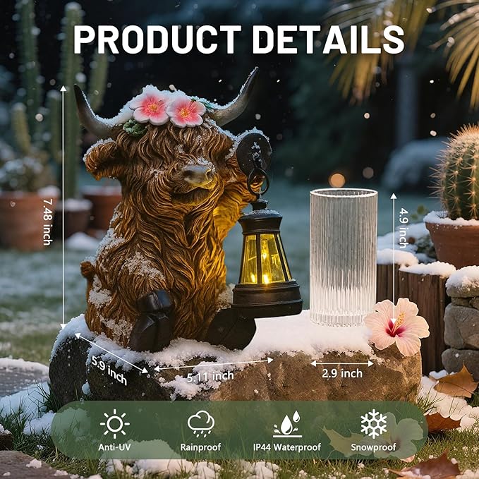 Solar Highland Cow Garden Outdoor Statue,Highland Cow Figurines Sculpture with LED,Farmhouse Decor,Patio Balcony Yard for Pasture & Farm Theme Housewarming Gifts for Women Mom