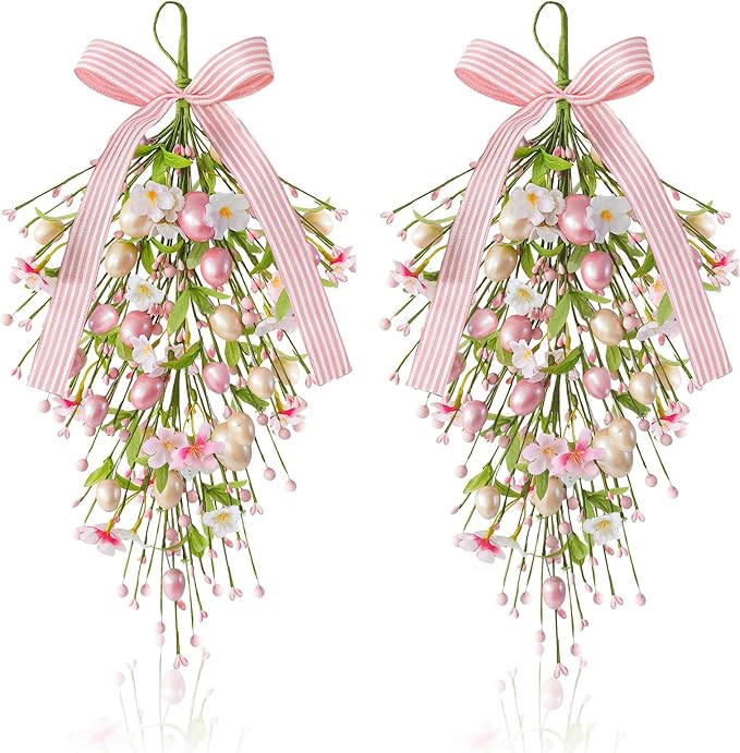 2 Pack 24'' Easter Teardrop Swags for Front Door Pastel Pink Easter Eggs Teardrop Wreath Artificial Spring Floral Hanging Swags with Ribbon Berry Flower for Farmhouse Home Outdoor Window Wall Decor