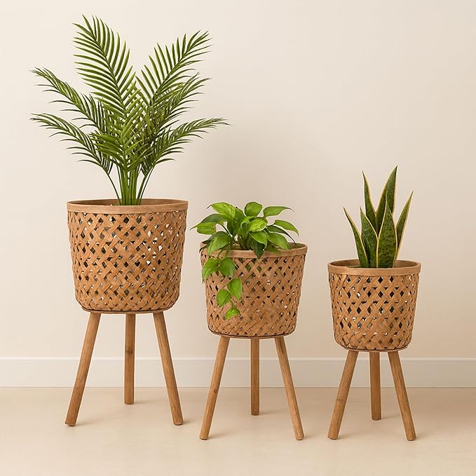 Set of 3 Woven Basket Decorative Planter Pot with Stand – Handcrafted Bamboo Pine Wood Outdoor & Indoor Plant Pot – Boho Garden & Home Decor Planters – 19", 22", & 26", Brown