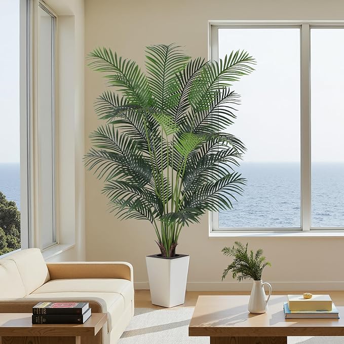 Artificial Palm Tree with White Tall Planter, 7ft Tall Potted Artificial Silk Palm Tree Plant, Fake Tropical Plant, Home Office Floor Room Decor Plants Indoor Outdoor, Housewarming Gift