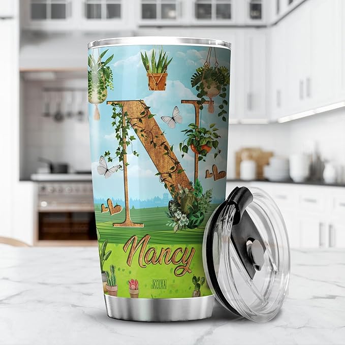 Personalized Initial Coffee Tumbler Gardening Custom Name Birthday Gifts For Women Adults Girls Grandma Travel Mug With Lid Insulated Cup Cold Steel Tumblers Inspirational Quote