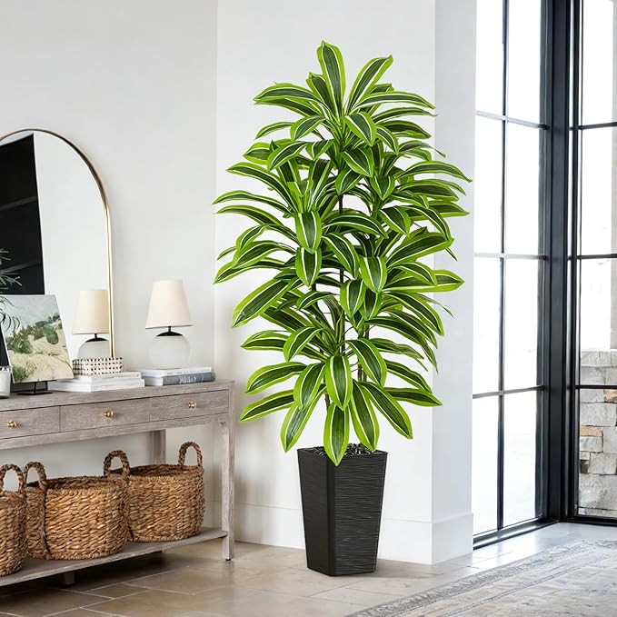 Artificial Yellow Dracaena Tree - 5FT Tall Fake Plants with Black Planter - Artificial Plants Indoor Floor Plant in Pot - Large Tropical Fake Yucca Potted Tree for Home Office Living Room Decor