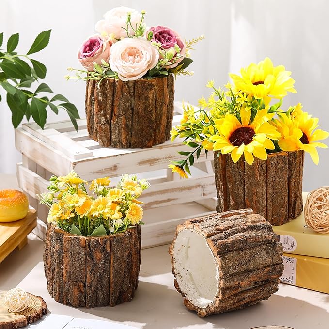 3 Pcs Wooden Vase for Centerpieces Woodland Table Decor Wooden Flower Vase Rustic Bark Stump Buckets Vintage Wood Planter Pots for Garden Party Wedding Window Home Farmhouse (Large)