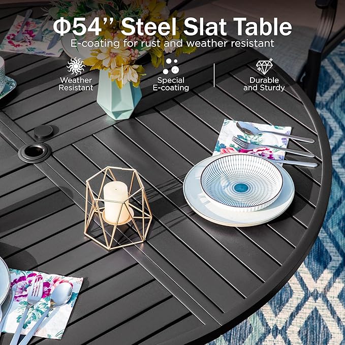 PHI VILLA 7 Pieces Outdoor Patio Dining Set for 6, 54”Round Black Metal Steel Table with Umbrella Hole & Stacking Wrought Iron Chairs, Modern Outside Furniture for Deck, Yard, Porch