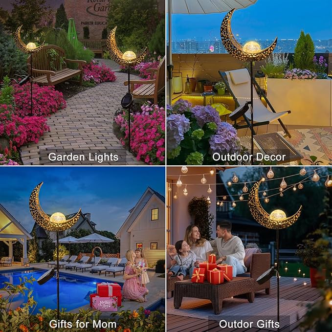 2Pack Moon Garden Solar Lights Outdoor Stakes Waterproof, Gifts for Mom, Crackle Glass Halloween Backyard Decor Balcony Lawn Ornaments, for Women Men Grandma (Bronze)