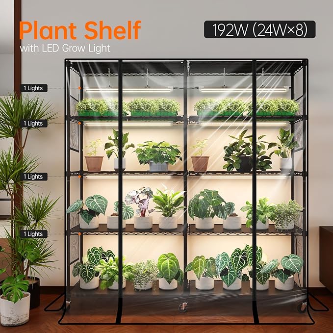 Bstrip Indoor Greenhouse with Grow Light, Large Plant Shelf with 8 Pack T8 Full Spectrum Plant Lights and cover, mini greenhouse for Indoor Plant, Seed Starting (58" L x 13.8" W x 59" H)