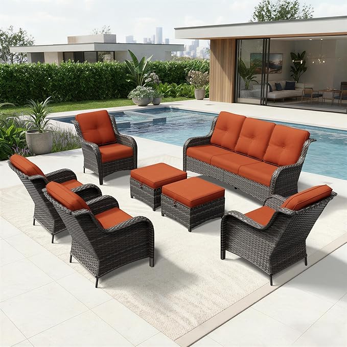 Joyside 7 Piece Wicker Patio Furniture Set, Rattan Patio Chairs with High Back, Deep Seating, Wide Armrest, Thickened Cushions, Outdoor Furniture for Deck, Porch Use