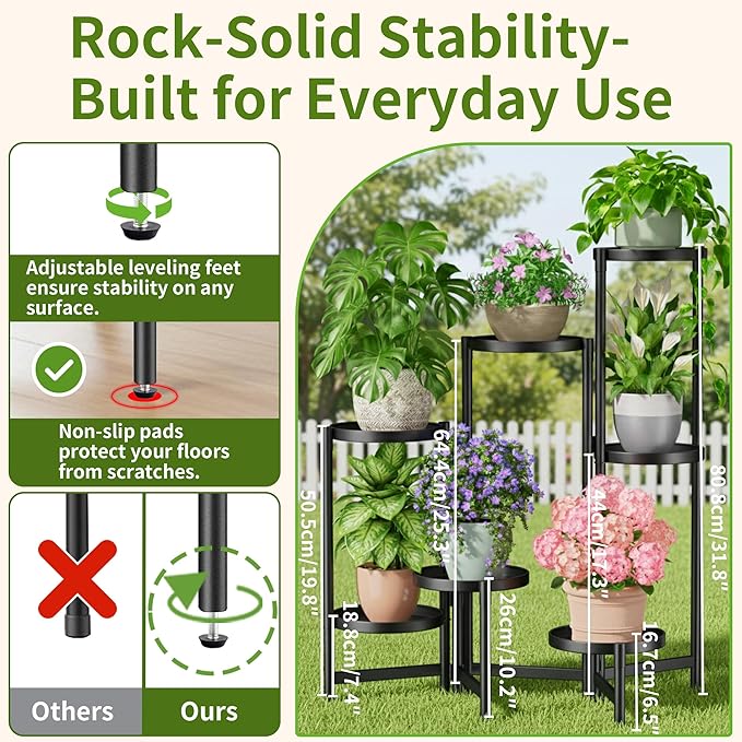 NQW 7 Tiered Metal Corner Plant Stand Indoor Outdoor, Tall Large Folding Rack with Rust Proof 7.9 Inch Wide Tray, Heavy Duty Flower Shelf for Multiple Plants for Patio - BlackDisk