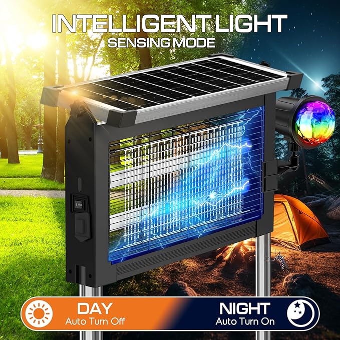 Solar Bug Zapper Outdoor with Projector Lights, 4500V Waterproof Mosquito Zapper, Dual Solar & USB Rechargeable, Smart Dusk to Dawn, Cordless Insect Killer for Patio, Garden, Backyard, Camping