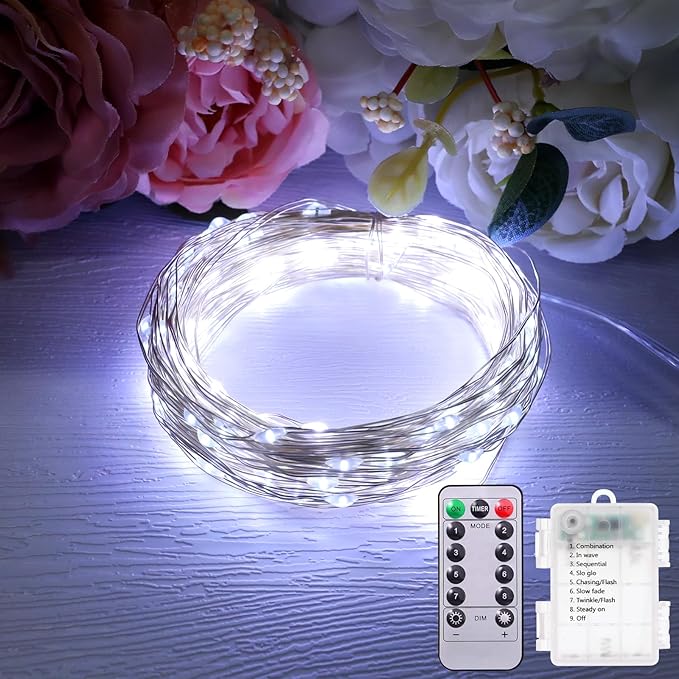 Outdoor String Lights, Warm White Fairy Lights Battery Operated with Remote, Led Twinkle Lights for Bedroom, Dorm, Backyard, Wedding, Tree (White, 33FT-100LED)