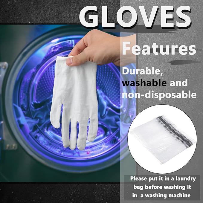 12 Pairs White Cotton Gloves Soft Cloth Dust Hand Gloves Work for Men Women Art Crafting Handling, Eczema, BBQ, Coin Jewelry Watch Inspection, Dry Hands Sleeping, Archival, Large