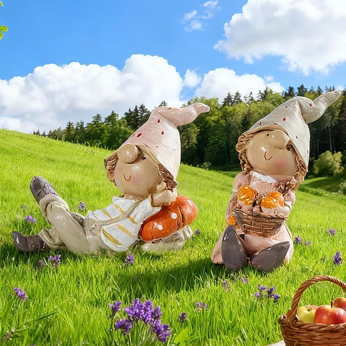 2-Piece Garden Gnome Couple Resin Statues - Outdoor Patio & Lawn Decor, Indoor Home Ornament, Whimsical Gnome Figurines, Ideal Gift for Parents & Friends