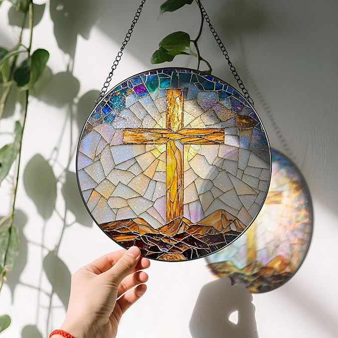 8-Inch Catholic Cross Stained Glass Suncatcher, Stained Glass Window Hanging, Religious Ornament, Christian Home Decor, Sun Catcher Window Decor — Gift for Christmas, Christian Gifts, Religious Gifts