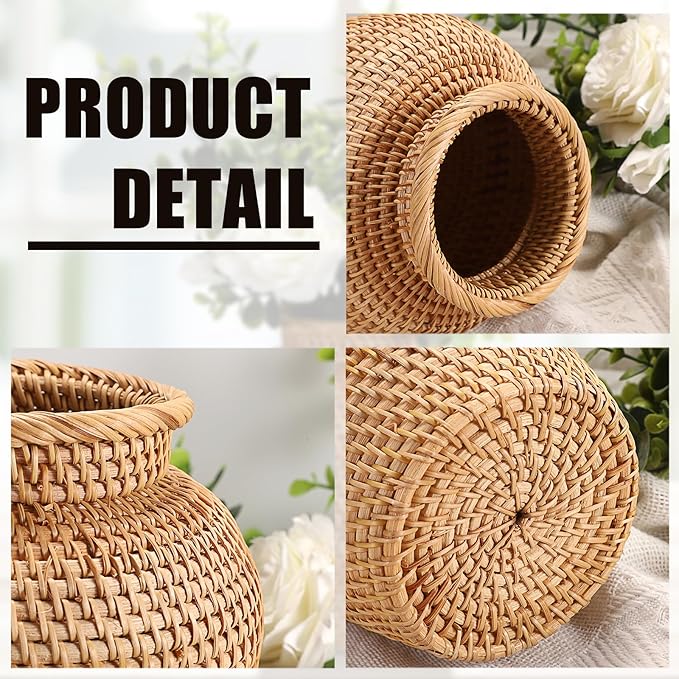 JUXYES Tabletop Woven Rattan Vase for Flowers, Rustic Country Style Rattan Basket Vase, Farmhouse Small Wicker Woven Bouquet Vase Table Centerpiece for Home Decor