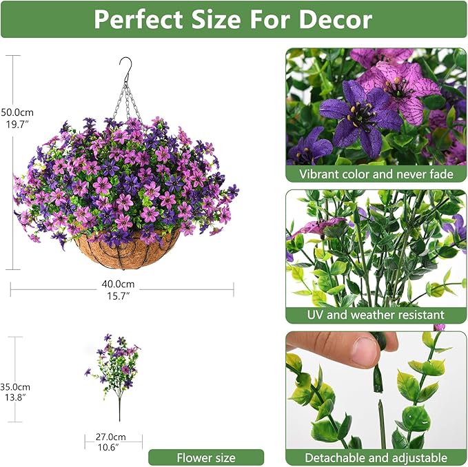 INQCMY Artificial Flowers Hanging Baskets for Outdoors Spring Decor, 12 Bundles Fake Plants Faux Silk Daisy with Eucalyptus Stem UV Resistant for Outside Patio Balcony Garden (Double Purple)
