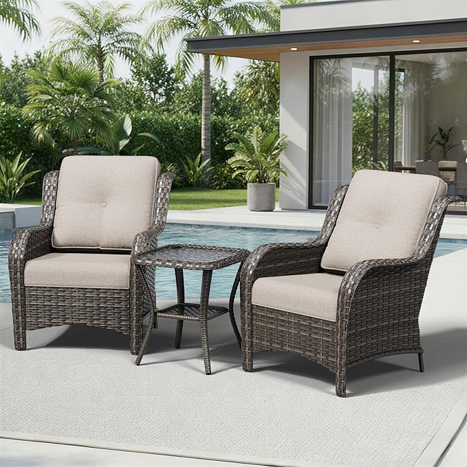 Joyside 3 Piece Wicker Patio Furniture Set, Rattan Patio Chairs with High Back, Deep Seating, Wide Armrest, Thickened Cushions, Outdoor Furniture for Deck, Porch Use