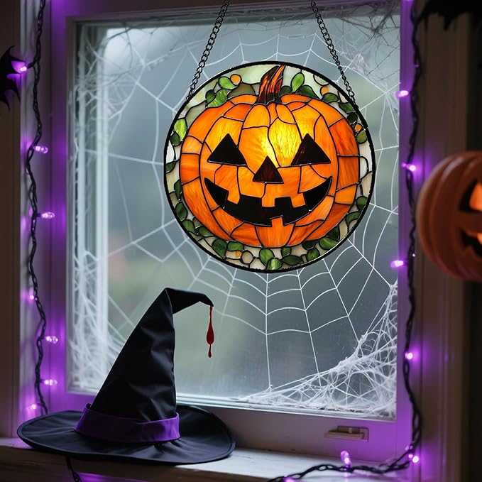 Stained Glass Window Hanging, Halloween Decorations Evil Pumpkin Suncatcher for Doors Garden Indoor Spooky Funny Orange Sun Catchers Gothic Decor Horror Gifts for Women Men Friend 15 in