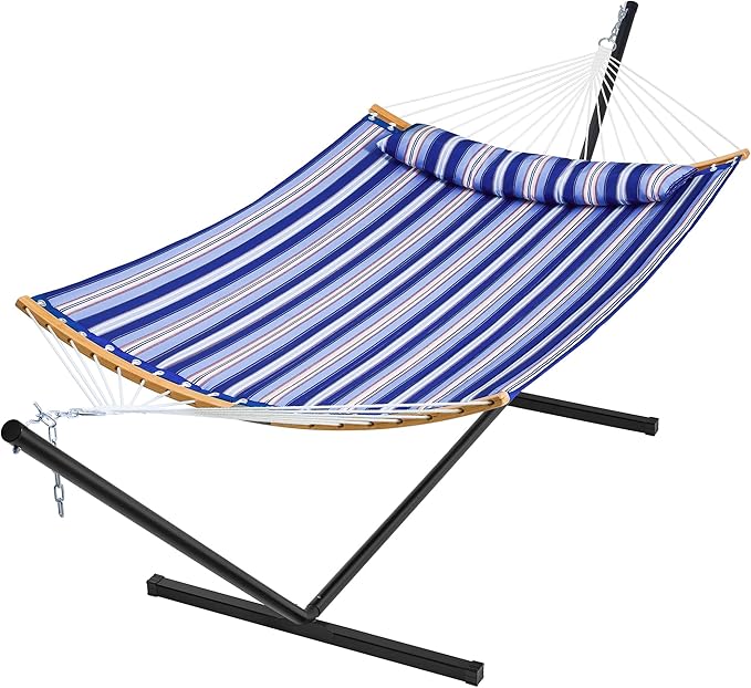 SUPERJARE Hammock with Stand, 2 Person Heavy Duty Hammock with Padded Cotton, Detachable Pillow & Strong Curved-Bar & Portable Carrying Bag, Perfect for Outdoor & Indoor, Navy Blue Stripe