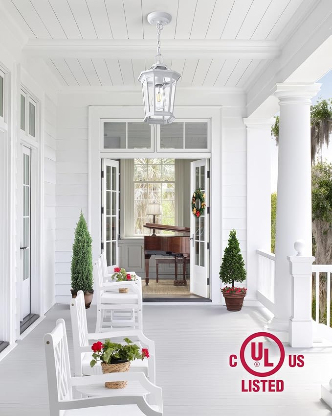 VIANIS White Outdoor Pendant Lights, Modern Hanging Outside Lights Lantern, Aluminum Porch Lights Outdoor Ceiling, Outside Chandelier for Porch with Clear Glass for House, Doorway