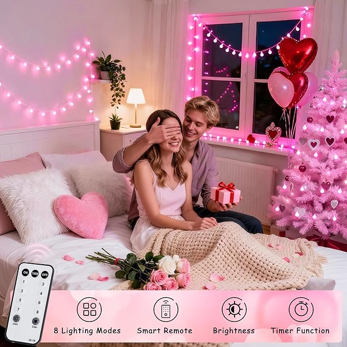 JMEXSUSS 100 LED Pink Valentine Lights Indoor,33 ft Connectable Globe String Lights Plug in, 8 Mode Fairy String Light with Remote for Bedroom Girl Room Anniversary Party Valentines Day Decorations