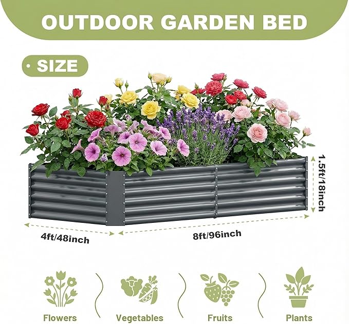 AHEONLAR 2 Pack 8×4×1.5ft Galvanized Raised Garden Beds Outdoor, Rectangle Sturdy and Durable Planter Boxes for Vegetables, Fruits, Flowers and Plants, Easy Assembly, Grey