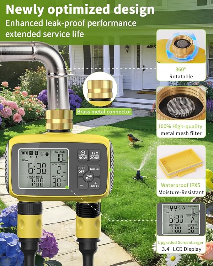 Smart Sprinkler Timer, 2-Zone Programmable Water Hose Timer with Rain Delay & Manual Mode, Outdoor Irrigation System for Garden, Lawn, Yard, Patio Drip Watering (Brass)