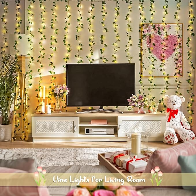 JMEXSUSS Vines Lights for Bedroom, 200 LED Vines Fairy Lights, Artificial Ivy Leaf Light for Wall Curtain Wedding Party Christmas Indoor Decor, 6.5ft x 6.5ft with Remote (Pack of 2)