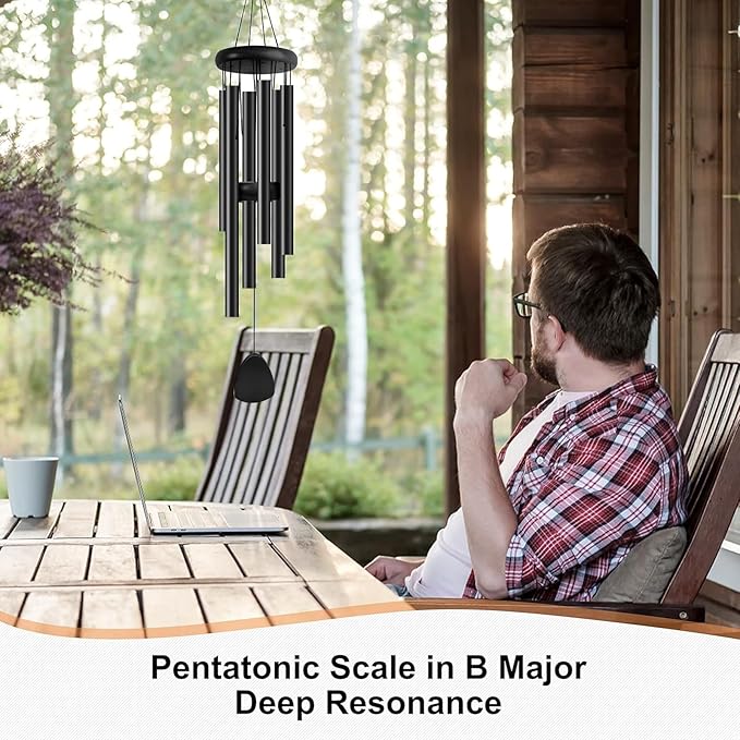 Bursvik Large Aluminium Wind Chimes 37 Inches to Create a Zen Atmosphere Suitable for Outdoor, Garden, Patio Decoration. Classic Wind Chimes with Wind Catcher as a Gift for Unisex(Whole Black)