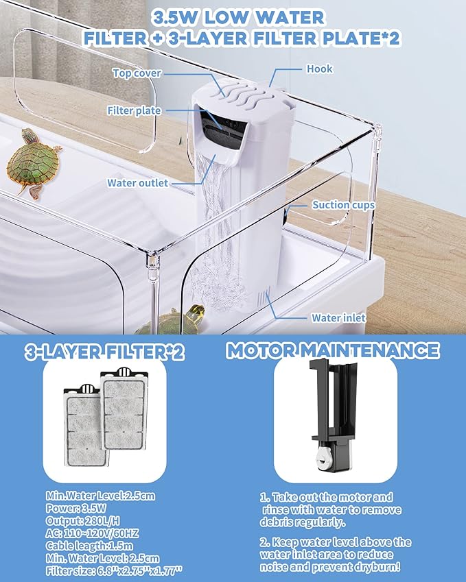 MoonOrange Small Turtle Tank Kit(Tank+Light+Filter), Acrylic Turtle Tank Starter Kit with Bask Platform, Bottom Drain, Multi-Function Area for Small Reptiles.(White)