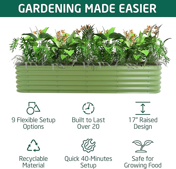 VASGOR 17" Tall Metal Raised Garden Bed, 9-in-1 Modular Design, 8ft x 2ft Aluzinc Planter Box for Vegetables, Herbs & Flowers, Heavy-Duty Anti-Rust Open-Bottom Raised Beds for Gardening (Olive Green)