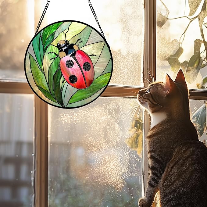 DASTOLL Stained Glass Window Hanging 4 Pcs Set Pink Green Insect Theme Large 15" - Butterfly Suncatcher Door Garden Sun Catcher Decor Birthday Christmas for Mom Woman Nana Men