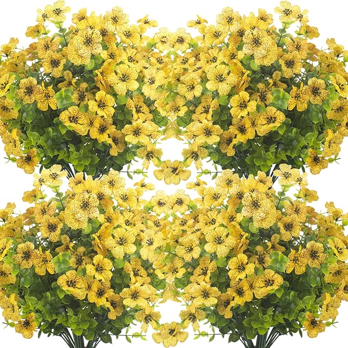 Grunyia 10 Bundles Artificial Flowers Outdoor UV Resistant Fake Flowers No Fade Faux Plants Garden Porch Window Box Decorating (Yellow)