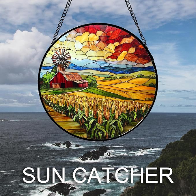HWRHTR Stained Glass Window Hanging Autumn Farm Corn Harvest Landscape Large 11.8" - Suncatcher Garden Door Sun Catcher Home Decor Birthday Christmas for Woman Mom Friend Men Nana