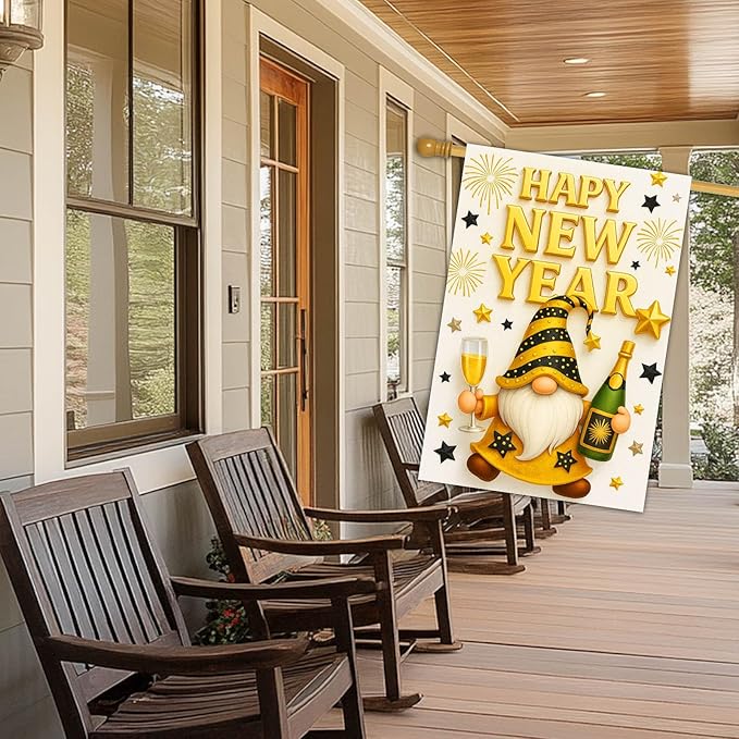 Happy New Year House Flag 28x40 Inch Double Sided Garden Flag Gold Gnome Champagne and Star Design Winter Holiday Yard Banner Large Outdoor Polyester Flag for Porch Lawn Home Decoration