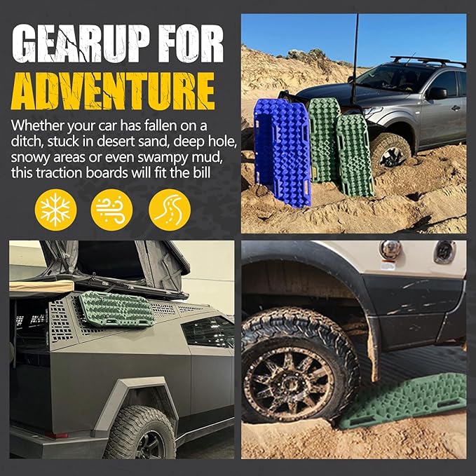 BUNKER INDUST Off-Road Traction Boards with Jack Base,Pair Recovery Track 4X4 Jeep Truck Emergency Tire Traction Mat with Bag -Sand, Mud, Snow Tracks Green Traction Pad (Gen 7th)