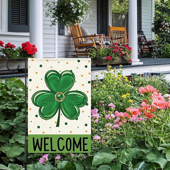 St Patricks Day Welcome Garden Flag 12x18 Inch Double Sided,Shamrock Outdoor Irish Decor House Porch Flag for St Patrick's Day Party and Yard Decorations