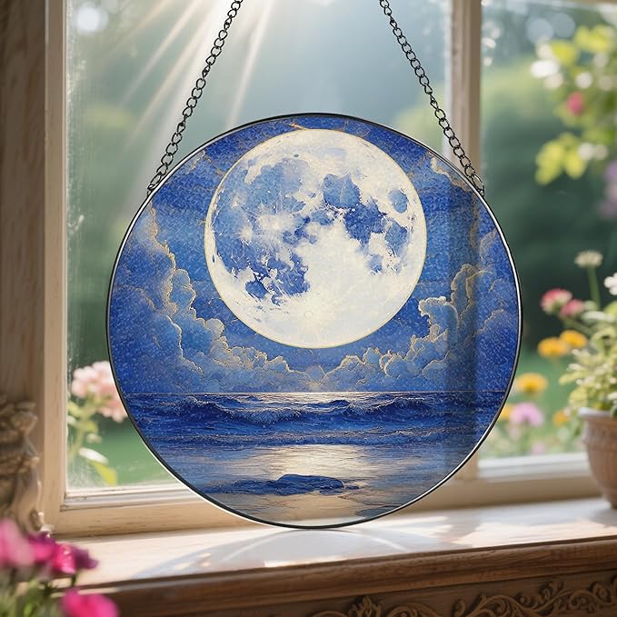 LAOWEIKI 8'' Full Moon Over Ocean Sun Catcher Ornament, Stained Glass Window Hanging, Suncatchers for Windows Hanging Ornaments, Window Decor | Ideal Gift, Mother's Day, Christmas, Birthday Gifts