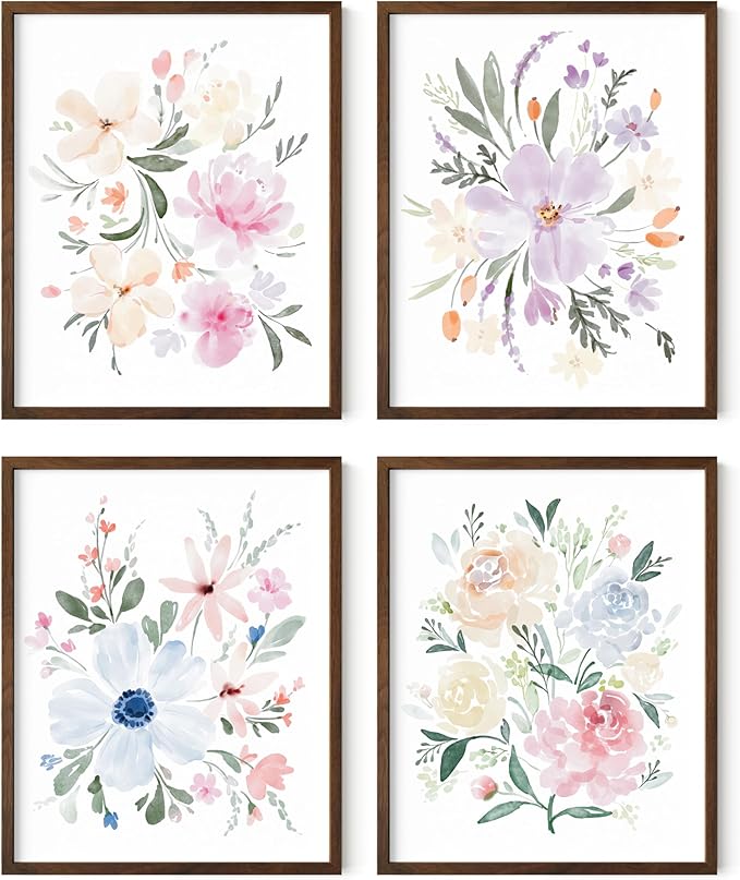 HAUS AND HUES Flower Wall Art - Set of 4 Framed Floral Paintings (8x10, Walnut Frame)
