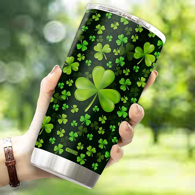 WONWIX Personalized Green Irish Shamrocks Tumbler For Women with Lid Insulated 20 oz Stainless Steel Water Bottle Coffee Cup Travel Mug Gift For Mom Daughter Wife Girls