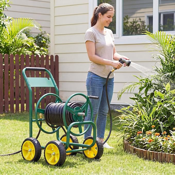 Garden Hose Reel Cart, Mobile Water Hose Cart with Heavy-duty Metal Frame & 4 Solid Wheels, Hold up to 330 ft of 5/8" Hoses, Outdoor Planting Tool for Lawn & Backyard (Green)