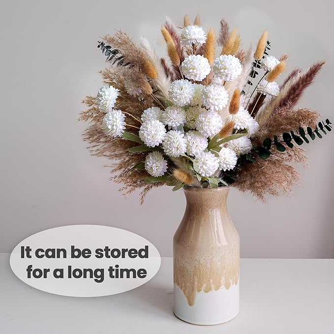 High-End Faux Flower Bouquet with Dried Pampas Grass Decor – Realistic Artificial Flowers Indoor | Faux Peonies, Mums, Ranunculus, Eucalyptus | Dried Floral Arrangements & Vase Fillers for Home Decor