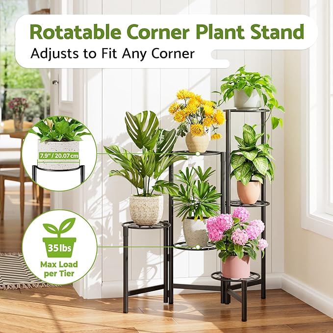NQW 6 Tier Metal Plant Stands Outdoor Indoor, Heavy Duty Flower Pot Holder Potted Display Rack Shelf, Tall Corner Plant Shelf for Patio Garden Balcony Living Room Bedroom -BlackDiamond