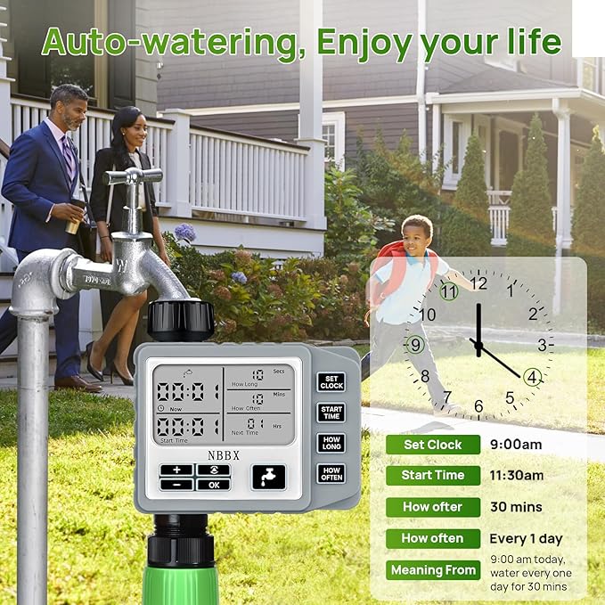 NBBX Sprinkler Timer for Garden Hose, Outdoor Watering System with Rain Delay, Manual & Automatic Mode, 1 Outlet