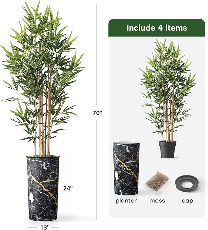 Artificial Tree in Modern Granite Effect Planter, Fake Bamboo Silk Tree for Indoor and Outdoor Home Decoration - 70" Overall Tall (Plant Pot Plus Tree)