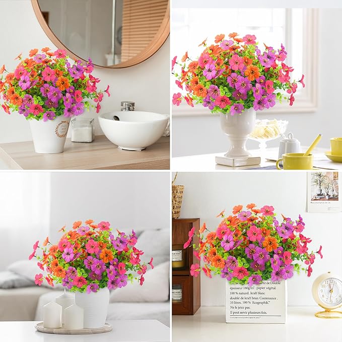 ATTGREAT Artificial Spring Flowers for Outdoors Faux Plants UV Resistant Realistic Fake Flowers Outside for Garden Planter Porch Home Decor, 6 Bundles (Multicolor)