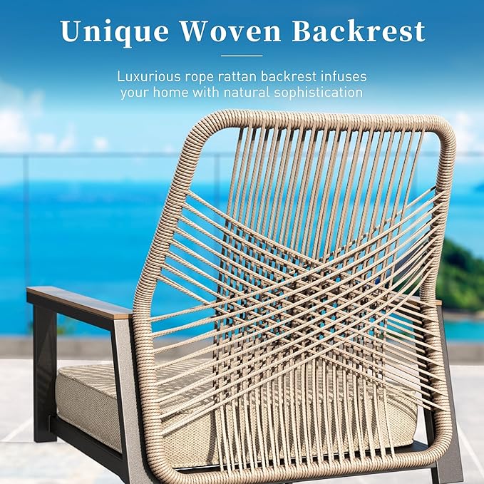 Patio Dining Chairs Set of 6, Heavy-Duty Woven Rope Outdoor Chairs with Waterproof Cushion and Wrought Iron Frame, All-Weather Outside Seating for Kitchen Garden Deck Backyard